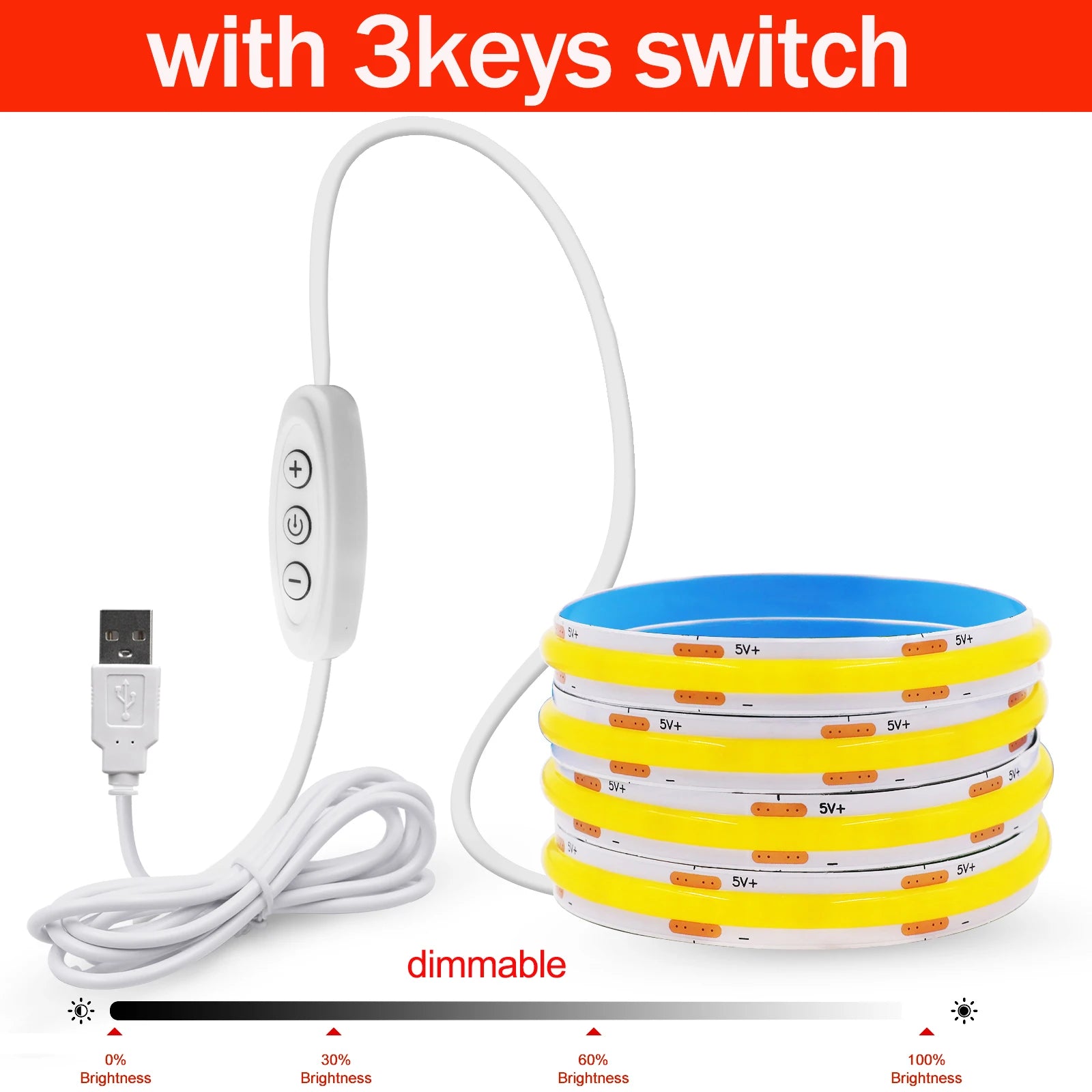 Dimmable COB LED Strip Light 5V USB Flexible LED Tape with ON OFF Switch 320LEDs High Density Linear Lighting with Adhesive Tape